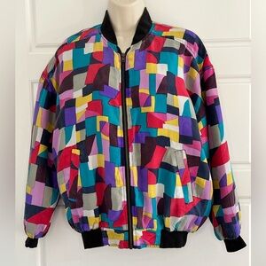 Vintage Silk Bomber Jacket Colorful Geometric Abstract Design Kasanova Sz Small
